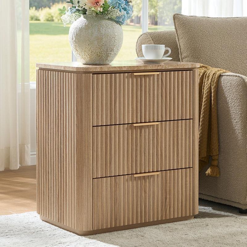 Doğal Meşe Endüstriyel Ahşap Yivli Tasarım 3 Çekmeceli Mermer Komodin - 59x40x65 cm - 128038