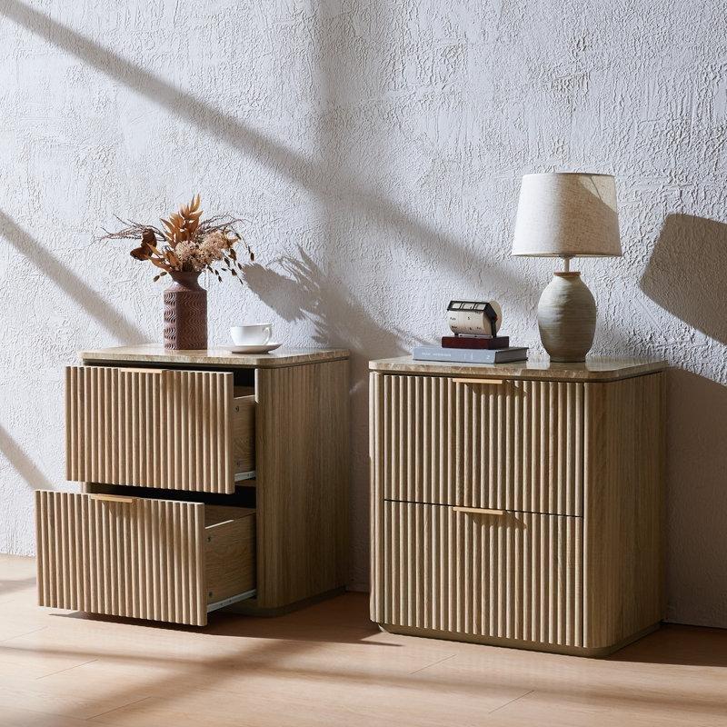 Doğal Meşe Endüstriyel Ahşap Yivli Tasarım Mermer Komodin Seti - 59x40x61 cm - 128059