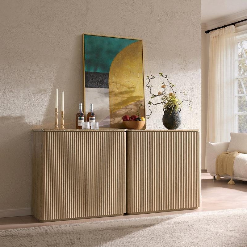 Doğal Meşe Endüstriyel Ahşap Yivli Tasarım Üstü Mermer Konsol - 175 cm - 129163