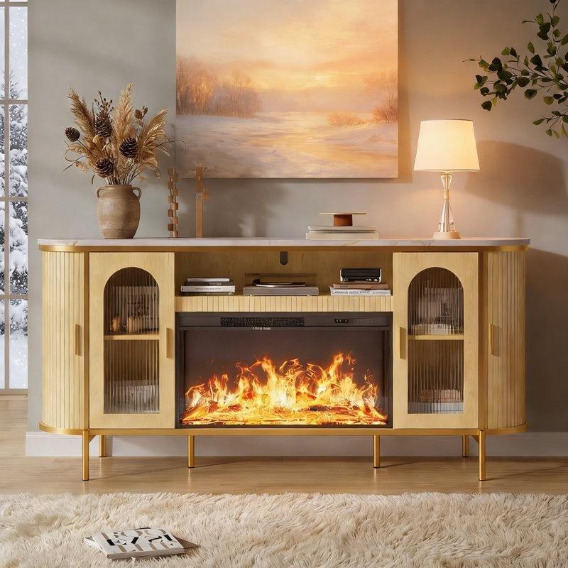 Doğal Meşe Gold Detaylı Şömineli ve Sürgülü Cam Kapaklı Konsol - 178x43x82 cm - 129217