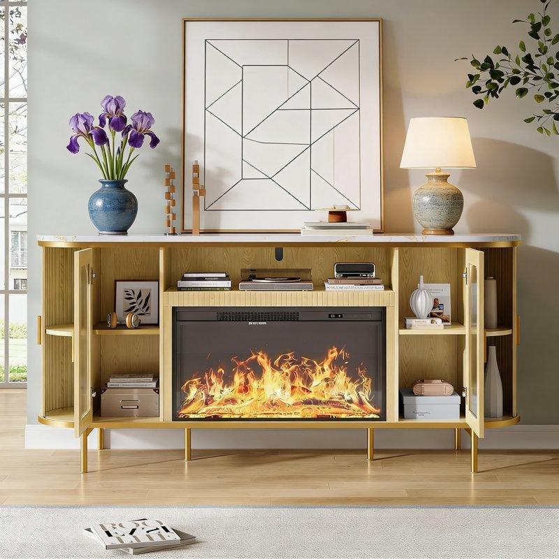 Doğal Meşe Gold Detaylı Şömineli ve Sürgülü Cam Kapaklı Konsol - 178x43x82 cm - 129217
