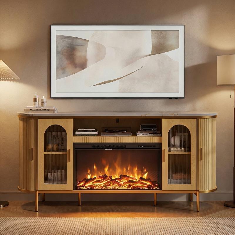 Doğal Meşe Gold Detaylı Şömineli ve Sürgülü Cam Kapaklı Konsol - 178x43x82 cm - 129217