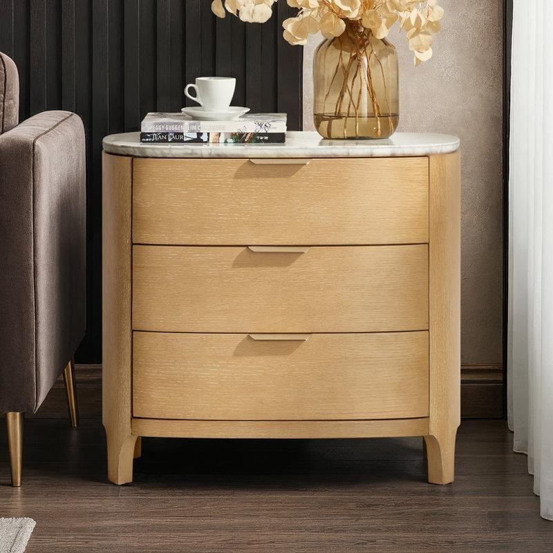 Doğal Meşe Kaplama Mermer Üst Tablalı Üç Çekmeceli Mermer Komodin - 73x40x68 cm - 128065