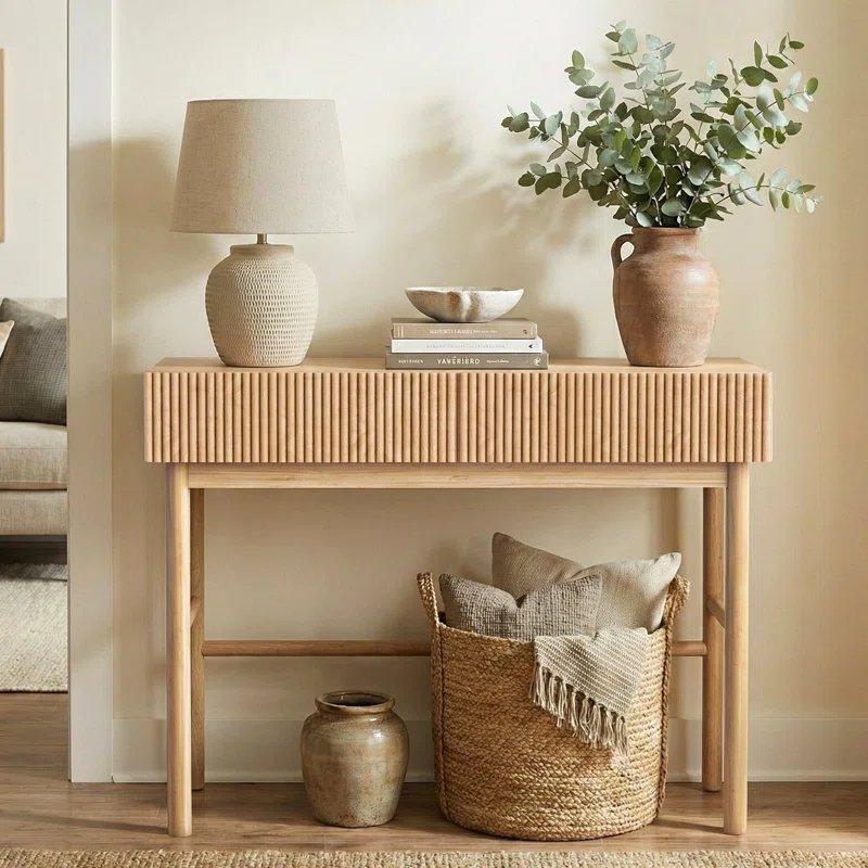 Doğal Meşe Masif Ahşap 2 Çekmeceli Yivli Tasarım Koltuk Arkası Dresuar - 106x40x80 cm - 132641