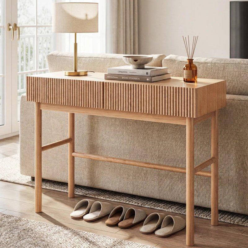 Doğal Meşe Masif Ahşap 2 Çekmeceli Yivli Tasarım Koltuk Arkası Dresuar - 106x40x80 cm - 132641