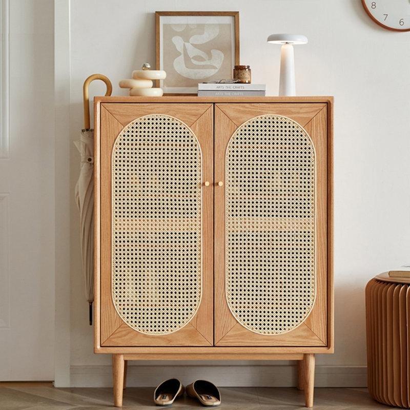 Doğal Meşe Masif Ahşap Rattan Kapaklı Hasır Ayakkabılık - 80x35x104 cm - 120928