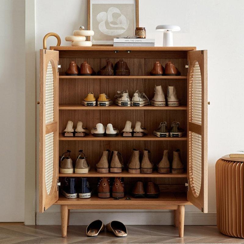 Doğal Meşe Masif Ahşap Rattan Kapaklı Hasır Ayakkabılık - 80x35x104 cm - 120928