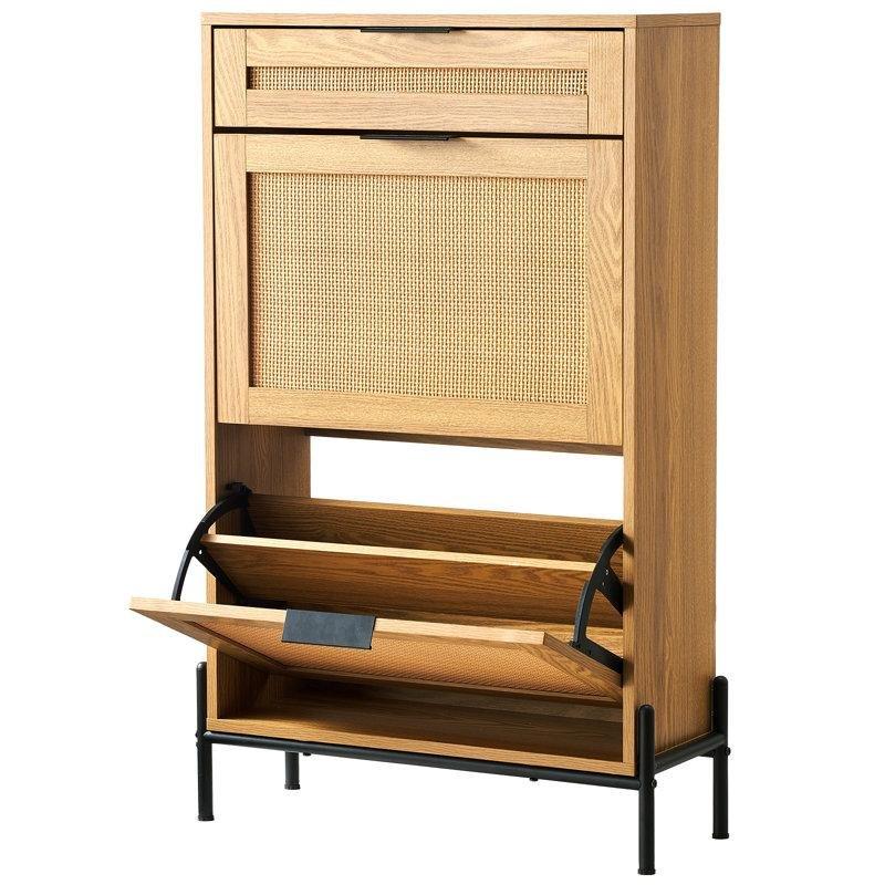 Doğal Meşe Masif Ahşap ve Metal Ayaklı Çekmeceli Düşer Kapaklı Hasır Ayakkabılık - 60x24x102 cm - 120931