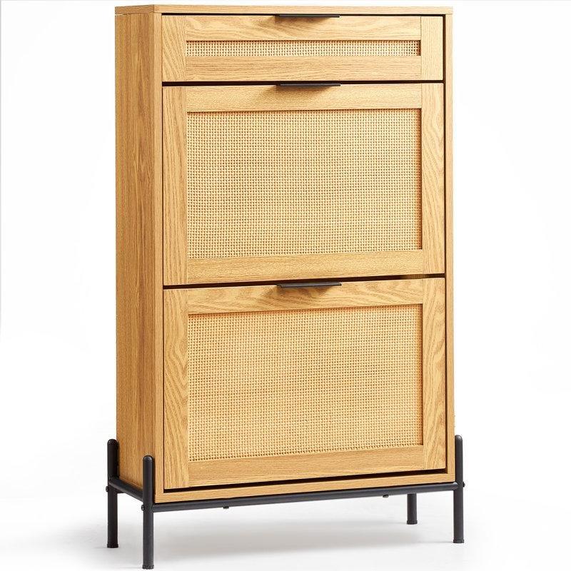 Doğal Meşe Masif Ahşap ve Metal Ayaklı Çekmeceli Düşer Kapaklı Hasır Ayakkabılık - 60x24x102 cm - 120931