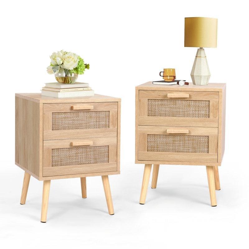 Doğal Meşe Masif Ahşap ve Rattan 2 Çekmeceli Bohem Komodin - 41x41x57 cm - 127394