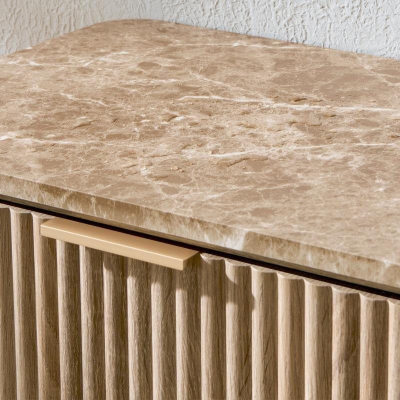 Doğal Meşe MDF İki Çekmeceli Yivli Mermer Komodin - 59x40x61 cm - 128017