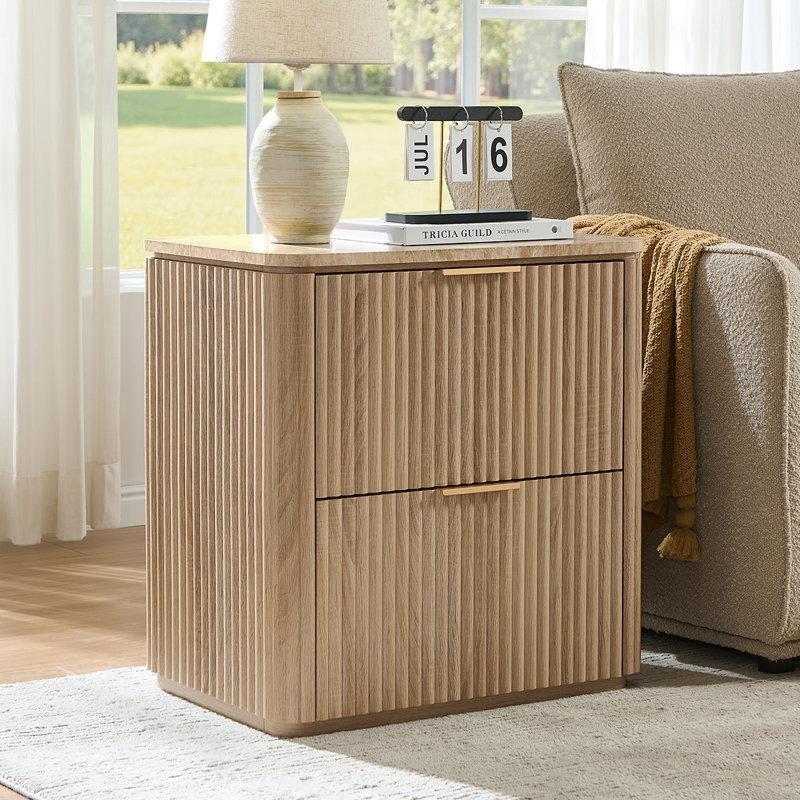 Doğal Meşe MDF İki Çekmeceli Yivli Mermer Komodin - 59x40x61 cm - 128017