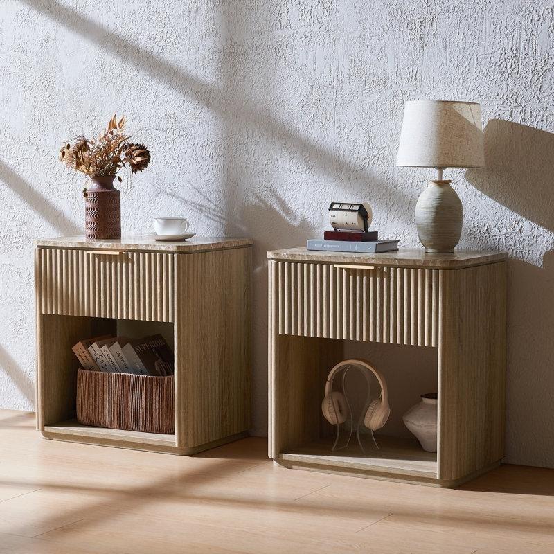 Doğal Meşe Mermer Desenli Üst Tablalı Yivli Çekmeceli ve Raflı İkili Komodin - 59x40x61 cm - 128050