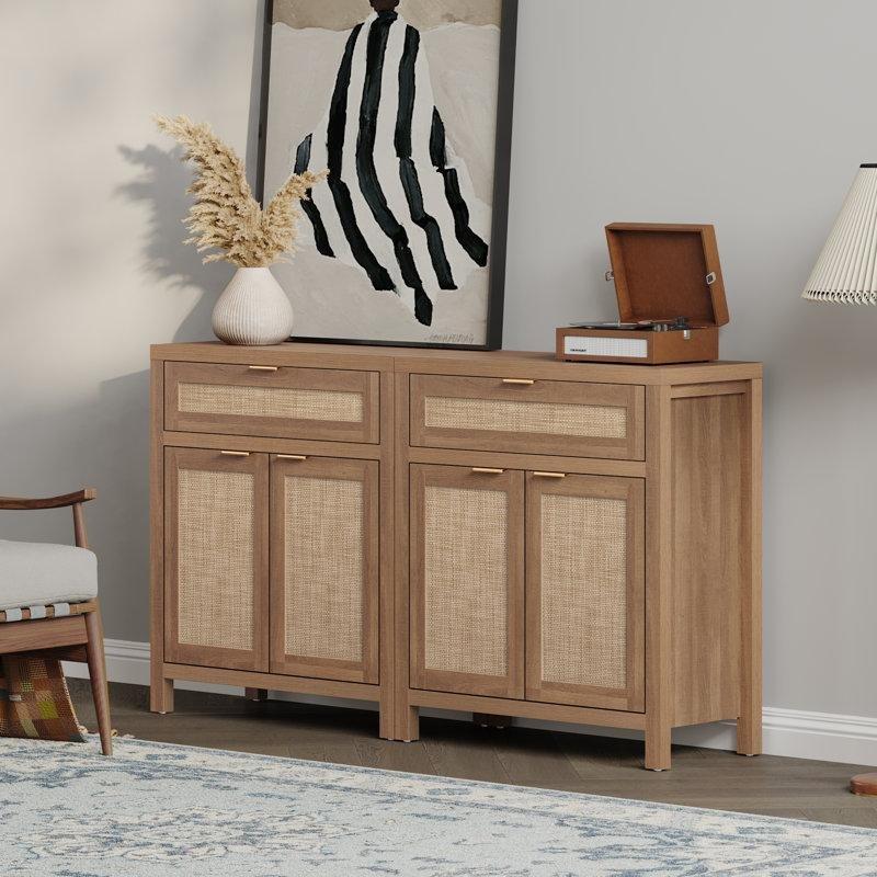 Doğal Meşe Rattan Detaylı Çekmeceli Konsol - 77x36x87 cm - 128845