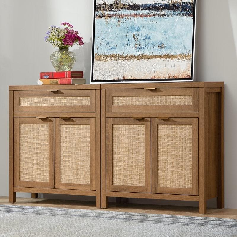 Doğal Meşe Rattan Detaylı Çekmeceli Konsol - 77x36x87 cm - 128845