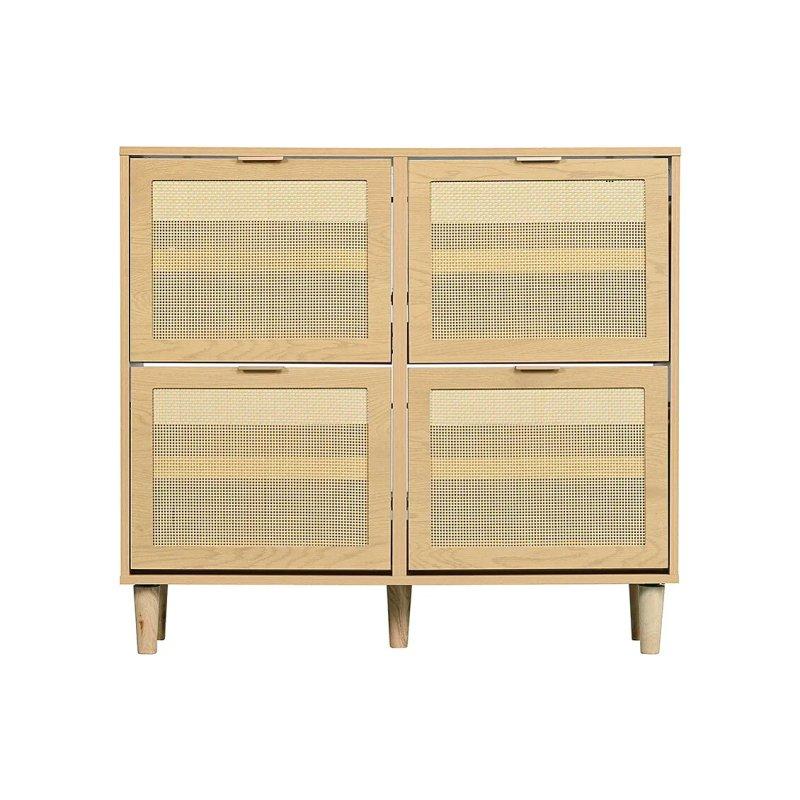 Doğal Meşe Rattan Görünümlü 4 Düşer Kapaklı Ayakkabılık - 100x25x90 cm - 118669
