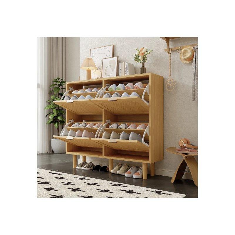 Doğal Meşe Rattan Kapaklı 4 Bölmeli Düşer Kapak Ayakkabılık - 100x25x91 cm - 118390