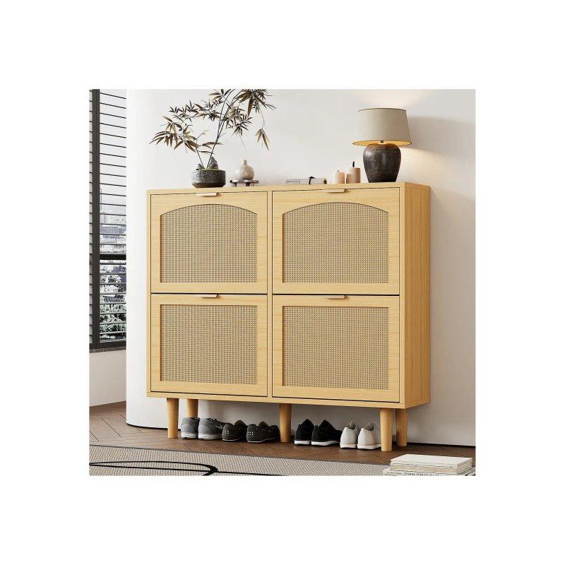 Doğal Meşe Rattan Kapaklı 4 Bölmeli Düşer Kapak Ayakkabılık - 100x25x91 cm - 118390