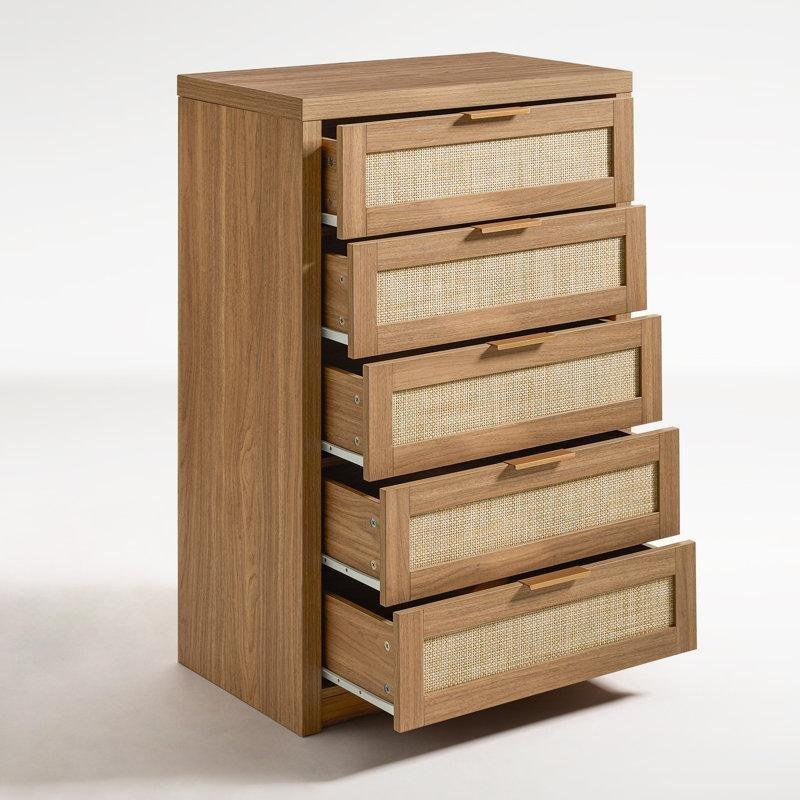 Doğal Meşe Rattan Ön Yüzeyli 5 Çekmeceli Gold Kulplu Şifonyer - 75x45x119 cm - 123022