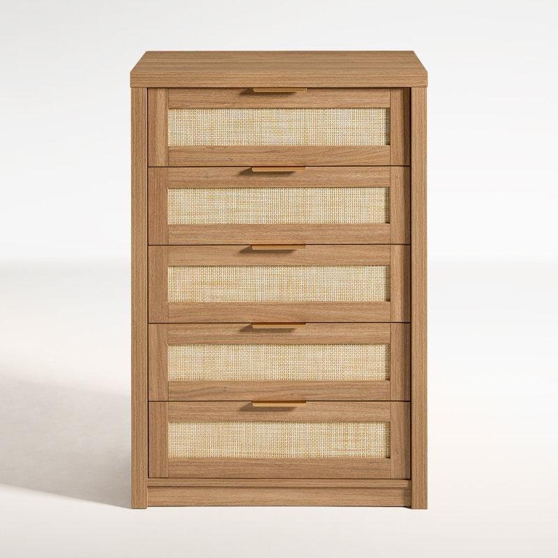 Doğal Meşe Rattan Ön Yüzeyli 5 Çekmeceli Gold Kulplu Şifonyer - 75x45x119 cm - 123022