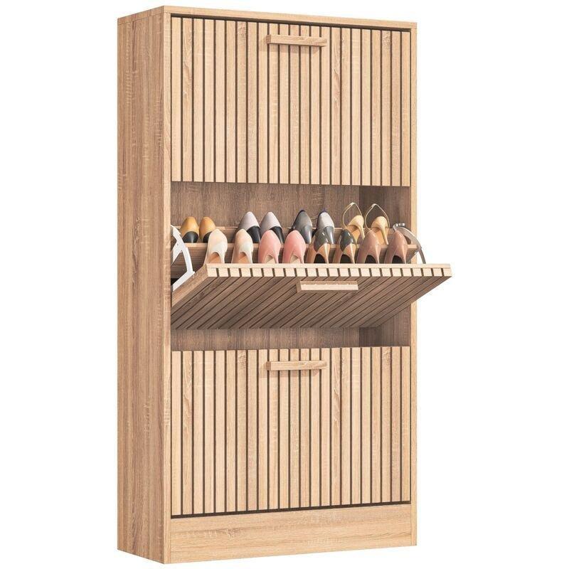 Doğal Meşe Rattan Tasarımlı 3 Düşer Kapaklı Ahşap Ayakkabılık - 60x24x113 cm - 118996
