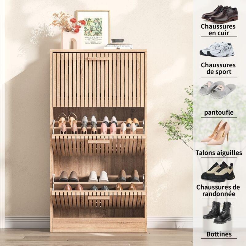 Doğal Meşe Rattan Tasarımlı 3 Düşer Kapaklı Ahşap Ayakkabılık - 60x24x113 cm - 118996
