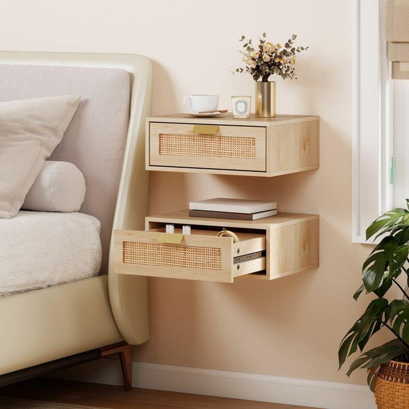 Doğal Meşe Rattan ve Endüstriyel Ahşap Duvara Monte Çekmeceli İkili Komodin - 40x30x15 cm - 127819