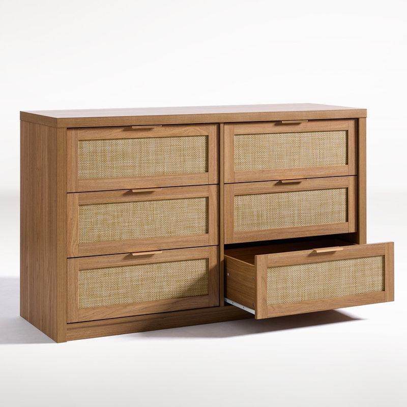 Doğal Meşe Rattan ve MDF 6 Çekmeceli Rose Gold Kulplu Şifonyer - 134x81 cm - 122836