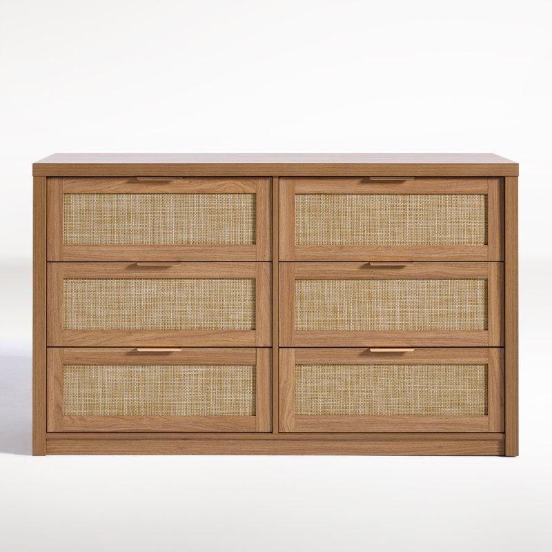 Doğal Meşe Rattan ve MDF 6 Çekmeceli Rose Gold Kulplu Şifonyer - 134x81 cm - 122836