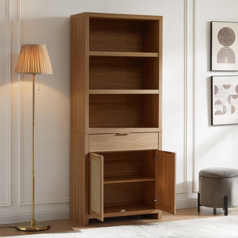 Doğal Meşe Rengi Endüstriyel Ahşap Rattan Kapaklı ve Çekmeceli Kitaplık - 77x36x185 cm - 141334
