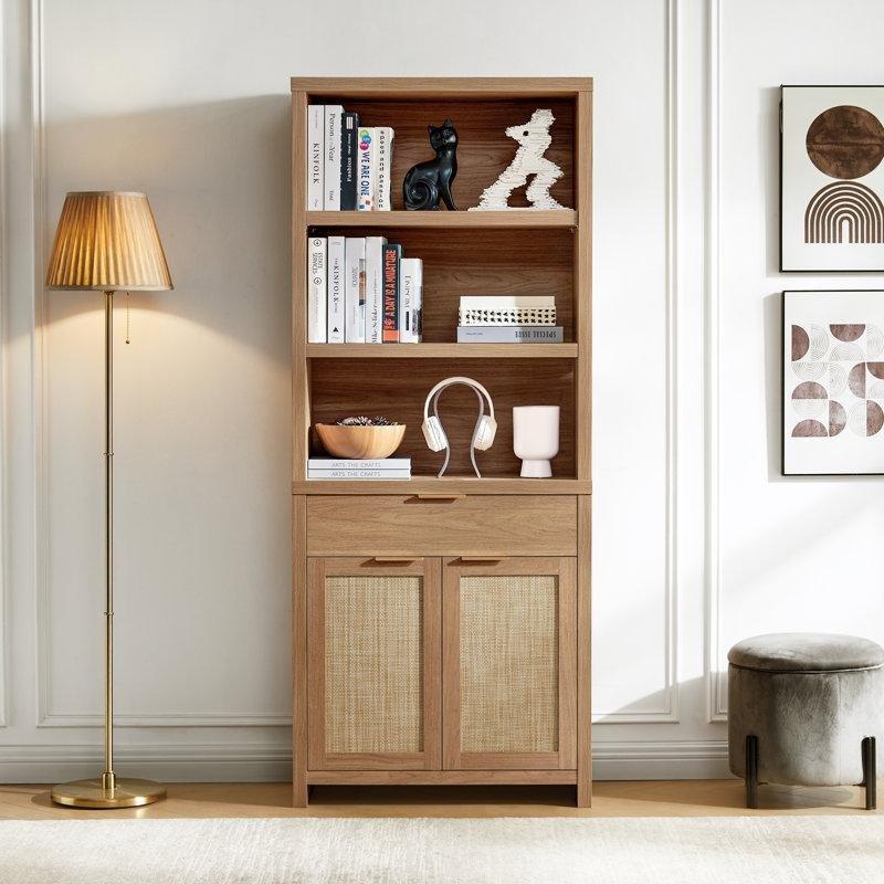 Doğal Meşe Rengi Endüstriyel Ahşap Rattan Kapaklı ve Çekmeceli Kitaplık - 77x36x185 cm - 141334