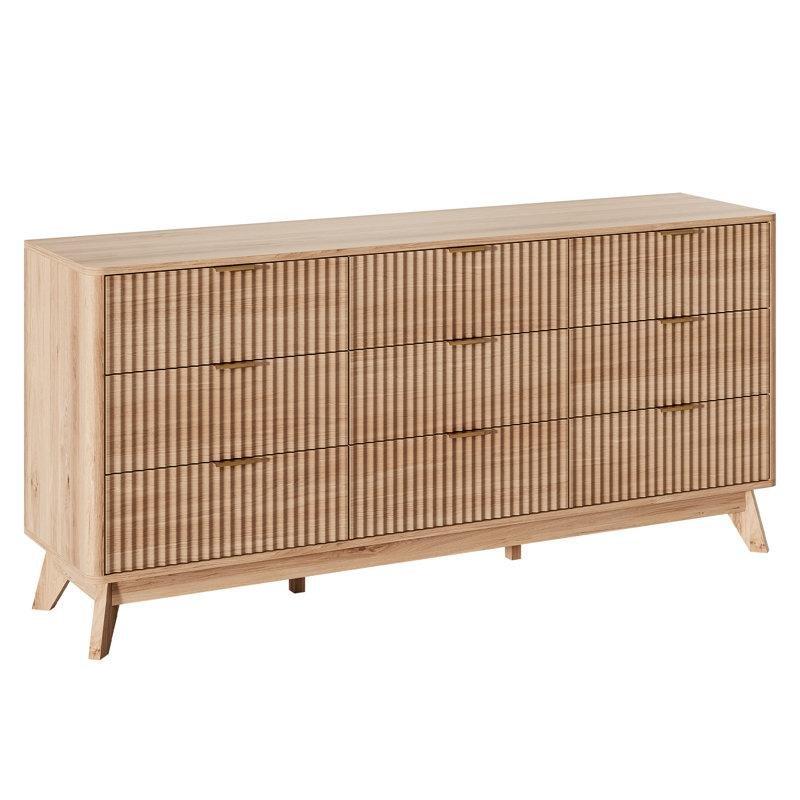 Doğal Meşe Rengi Endüstriyel Ahşap Yivli Panel 9 Çekmeceli Şifonyer - 160x40x75 cm - 122896