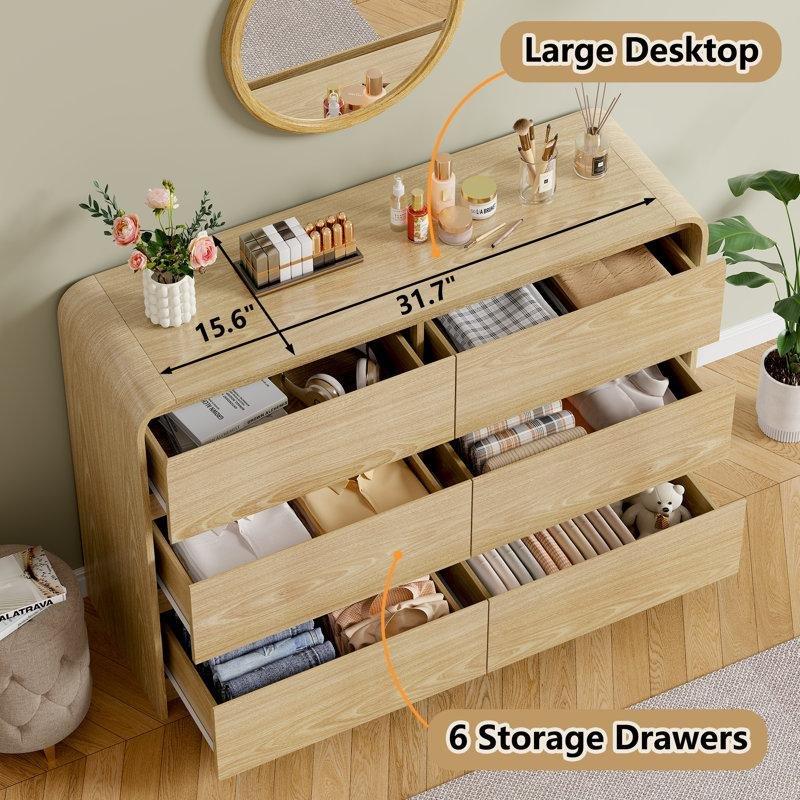 Doğal Meşe Rengi Endüstriyel Ahşap Yuvarlak Hatlı 6 Çekmeceli Şifonyer - 121x81 cm - 122581