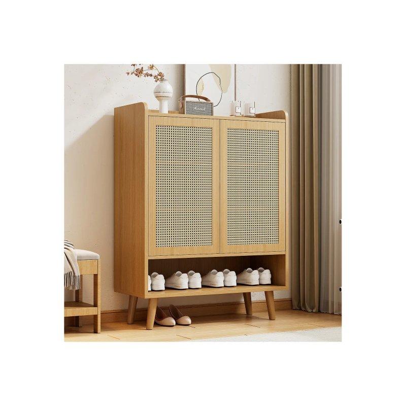 Doğal Meşe Rengi Hasır Görünümlü Masif Ayaklı Ayakkabılık Dolap - 80x35x105 cm - 118723