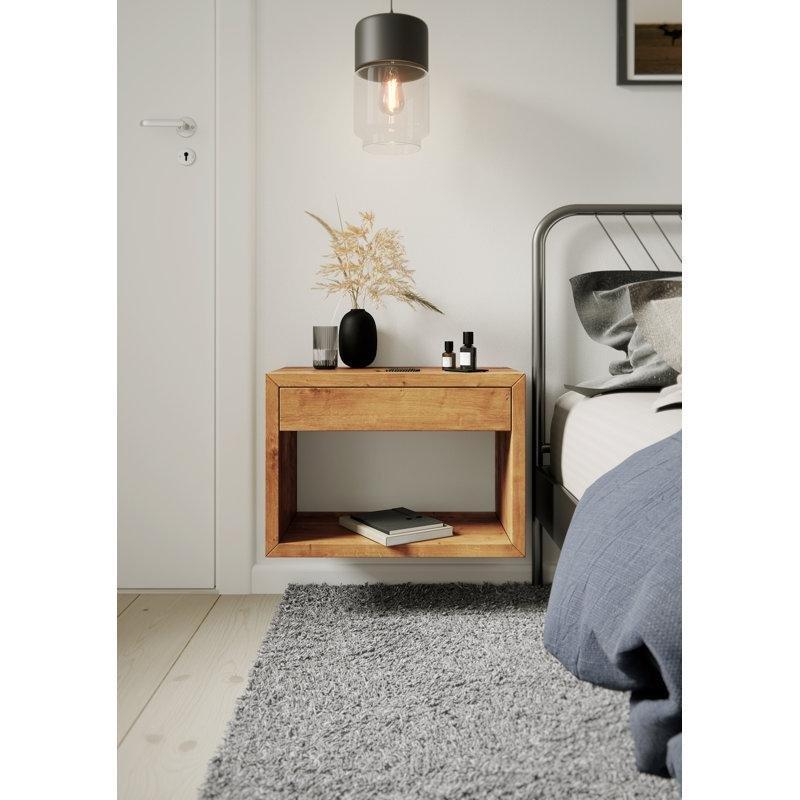 Doğal Meşe Rengi Masif Ahşap Duvara Monte Çekmeceli ve Raflı Komodin - 55x30x39 cm - 127352