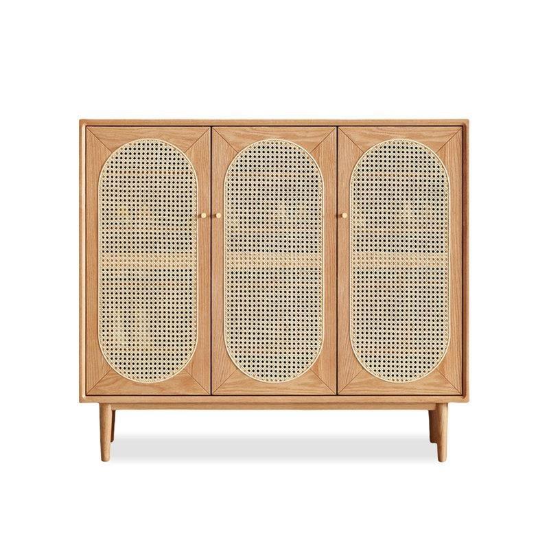 Doğal Meşe Rengi Masif Ahşap Hazeran Kapaklı Hasır Ayakkabılık - 110x35x104 cm - 120925