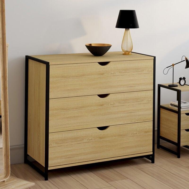Doğal Meşe ve Siyah Metal 3 Çekmeceli Endüstriyel Şifonyer - 82x40x75 cm - 123504