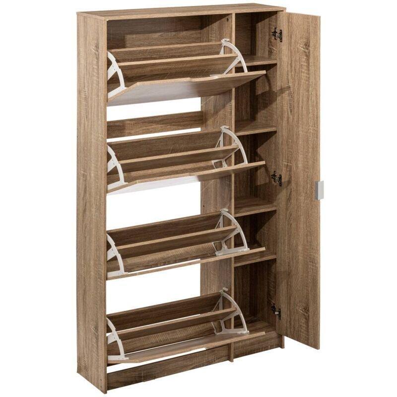 Doğal Meşe Yonga Levha 4 Düşer Kapaklı Aynalı Ayakkabılık - 85x24x156 cm - 118822