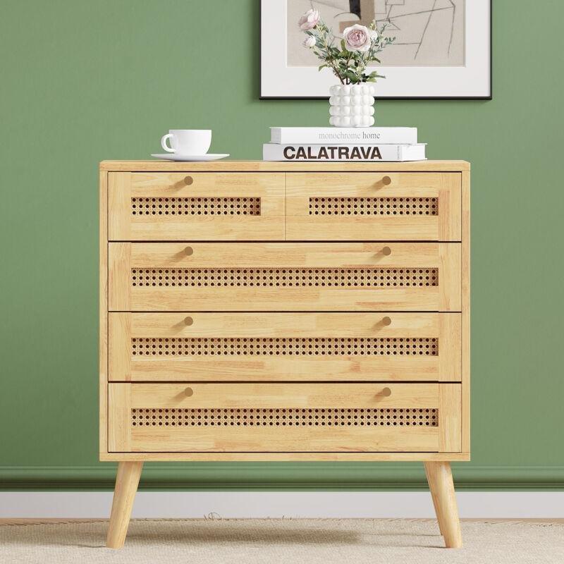 Doğal Rattan Detaylı 3 Çekmeceli Ahşap Şifonyer - 80x40x83 cm - 123466