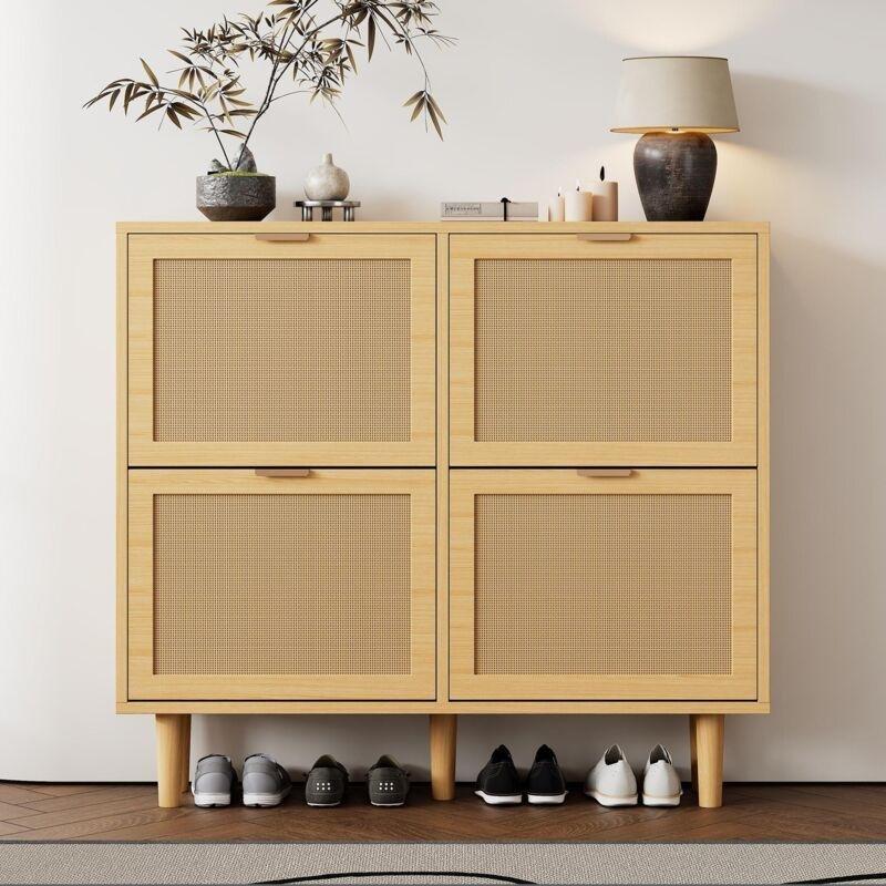 Doğal Rattan Detaylı 4 Düşer Kapaklı 8 Raflı Ahşap Ayakkabılık - 100x25x91 cm - 118975