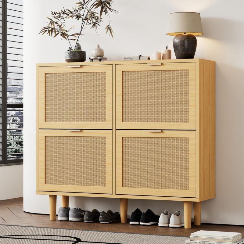 Doğal Rattan Detaylı 4 Düşer Kapaklı 8 Raflı Ahşap Ayakkabılık - 100x25x91 cm - 118975