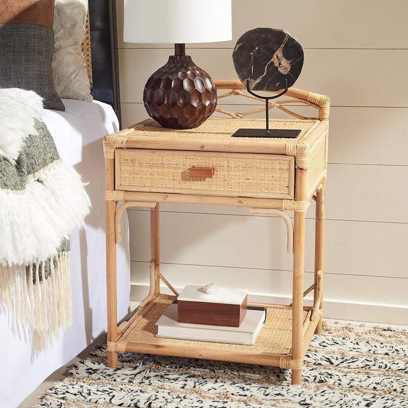 Doğal Rattan ve Ahşap Örgü Detaylı Çekmeceli Raflı Komodin - 47x44x68 cm - 127229