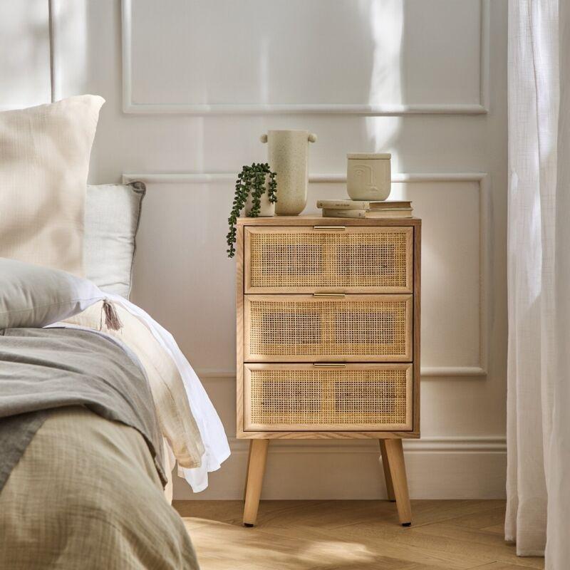 Doğal Rattan ve Ahşap Üç Çekmeceli Gold Kulplu Komodin - 42x37x71 cm - 127664