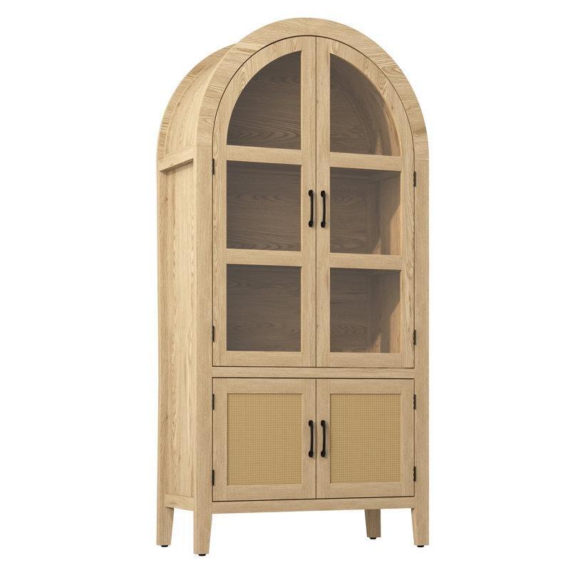 Doğal Rattan ve Cam Kapaklı Kemerli Tasarım 5 Raflı Kitaplık - 79x43x181 cm - 141514