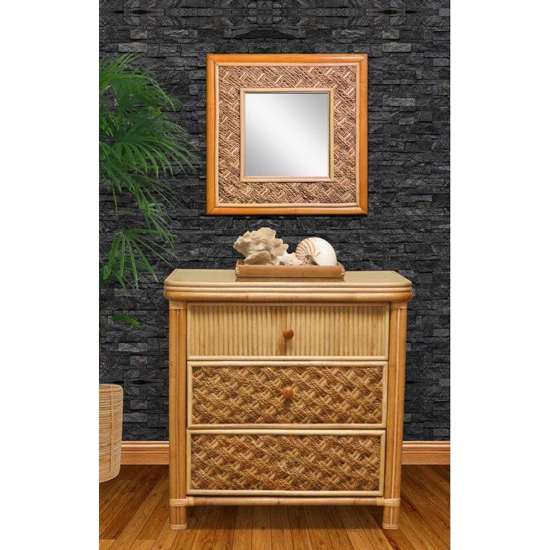 Doğal Rattan ve Cam Tablalı Geometrik Desenli İki Çekmeceli Komodin - 68x47x63 cm - 127268