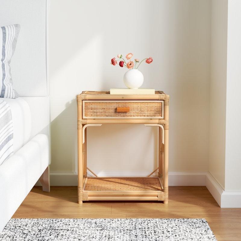 Doğal Rattan ve Masif Ahşap Tek Çekmeceli Raflı Komodin - 47x44x56 cm - 127238