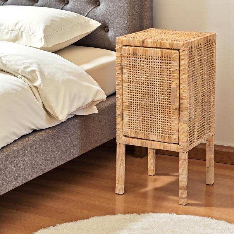 Doğal Rattan ve Maun Ağacı Hazeran Örgülü Tek Kapaklı Komodin - 35x33x75 cm - 127235