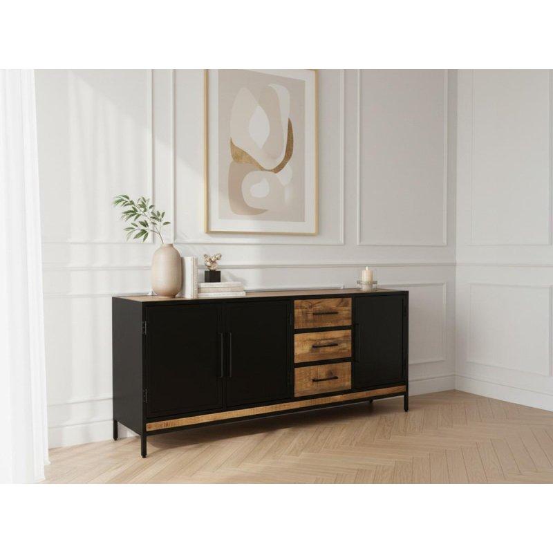 Doğal Rengi Masif Mango Ağacı 3 Kapaklı Siyah Metal Ayaklı Konsol - 200x45x80 cm - 129589