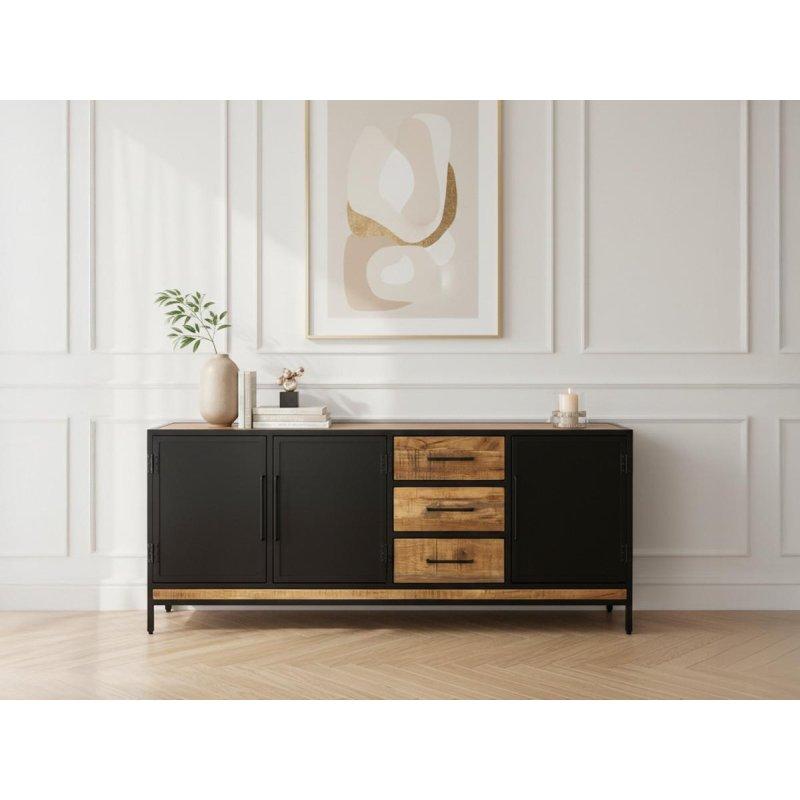 Doğal Rengi Masif Mango Ağacı 3 Kapaklı Siyah Metal Ayaklı Konsol - 200x45x80 cm - 129589