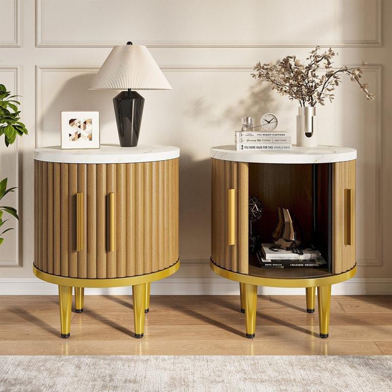 Doğal Renk Endüstriyel Ahşap Sürgülü Kapaklı Yuvarlak Komodin Seti - 38x45 cm - 128221